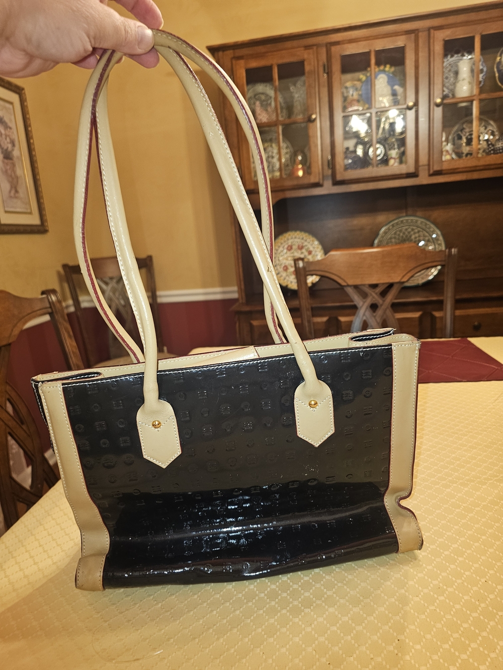 Arcadia Black Patent Tote with Cream Trim - Heavily Discounted Due To Damage - Picture 11 of 13